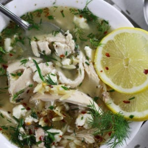 Overhead photo of Greek Lemon Chicken Orzo Soup.