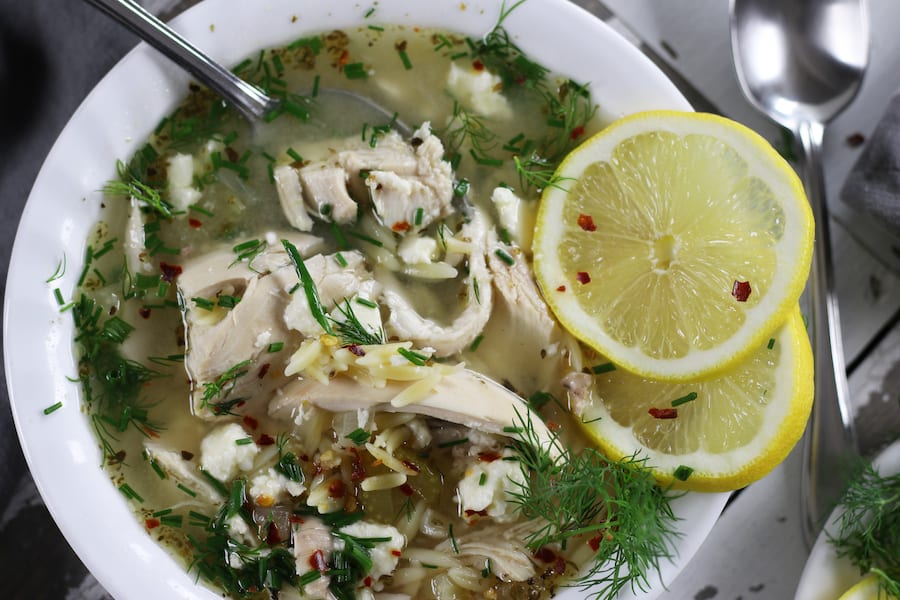 Overhead photo of Greek Lemon Chicken Orzo Soup.