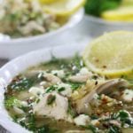 Lemon Chicken Soup garnished with dill, feta and chives.