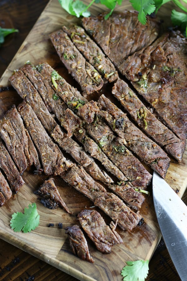 Strips of cut Carne Asada.