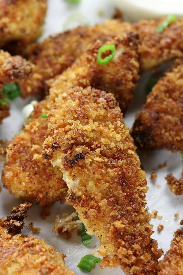 Up close photo pf fried Crispy Chicken Strips.