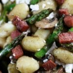 Up close photo of Gnocchi Asparagus and Mushroom Skillet.