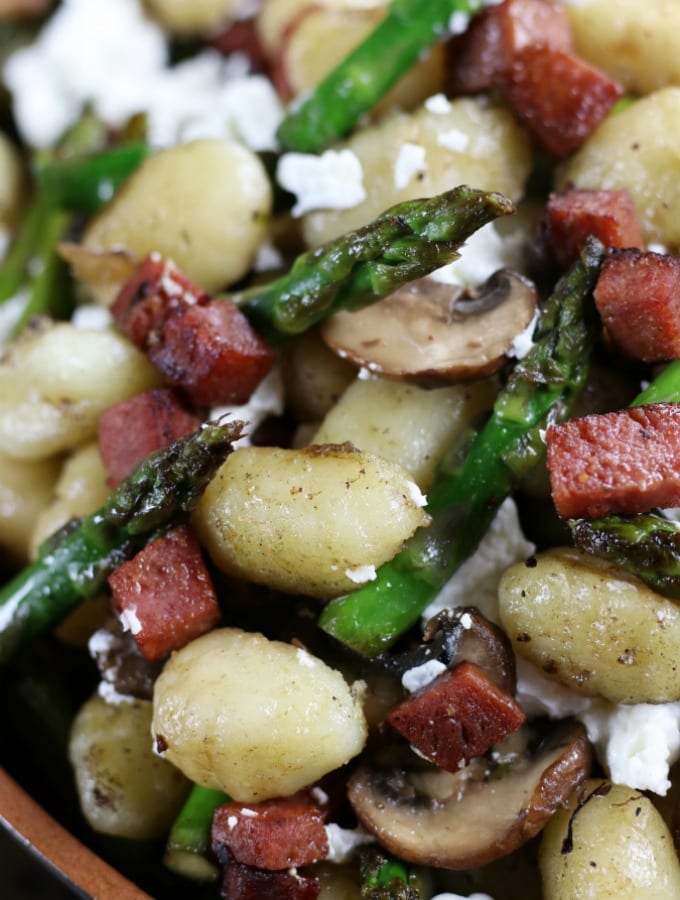 Up close photo of Gnocchi Asparagus and Mushroom Skillet.