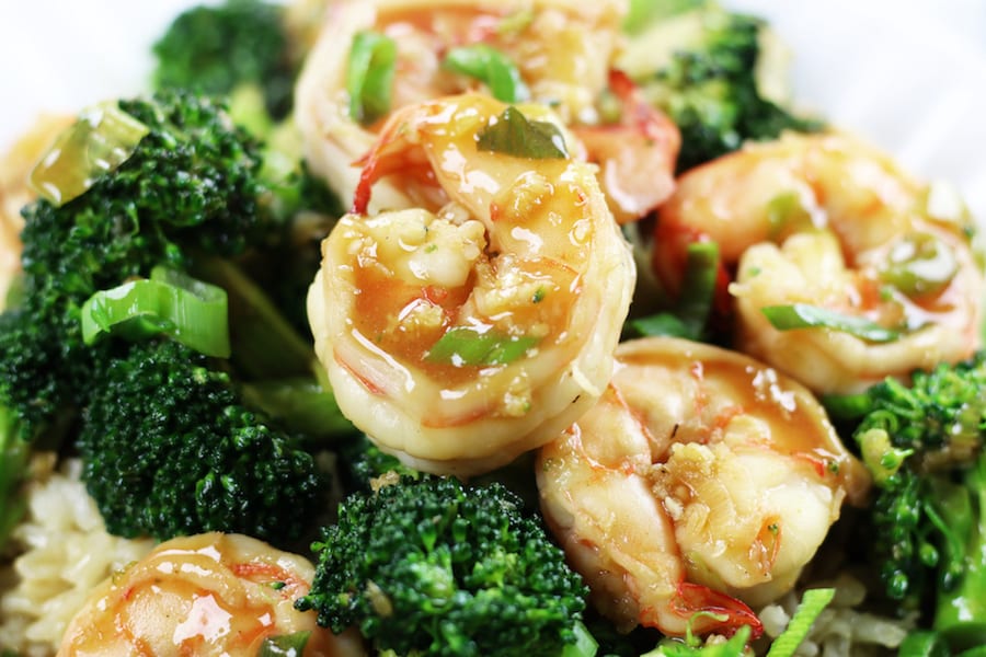 Shrimp and Vegetable Stir Fry on a bed of rice.