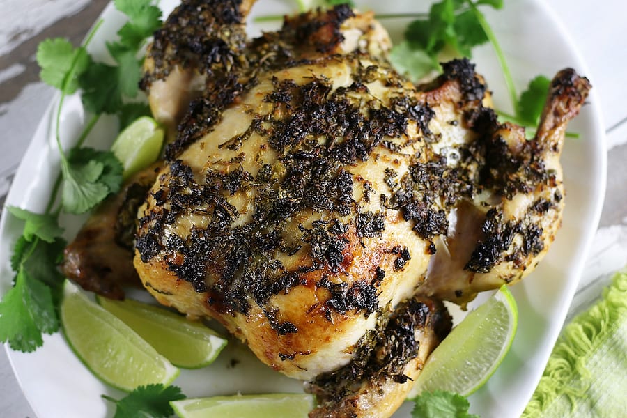 Roasted chicken marinated in Cilantro Lime Mexican Chicken Marinade.