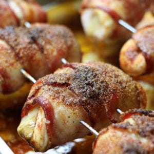 Baked Stuffed Chicken Breast with bacon on BBQ skewers.