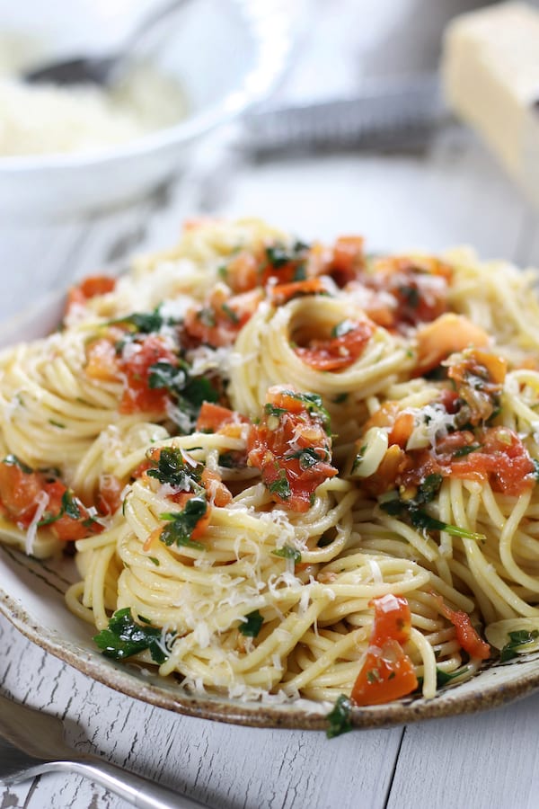 Caper Pasta with fresh grated parmesan.