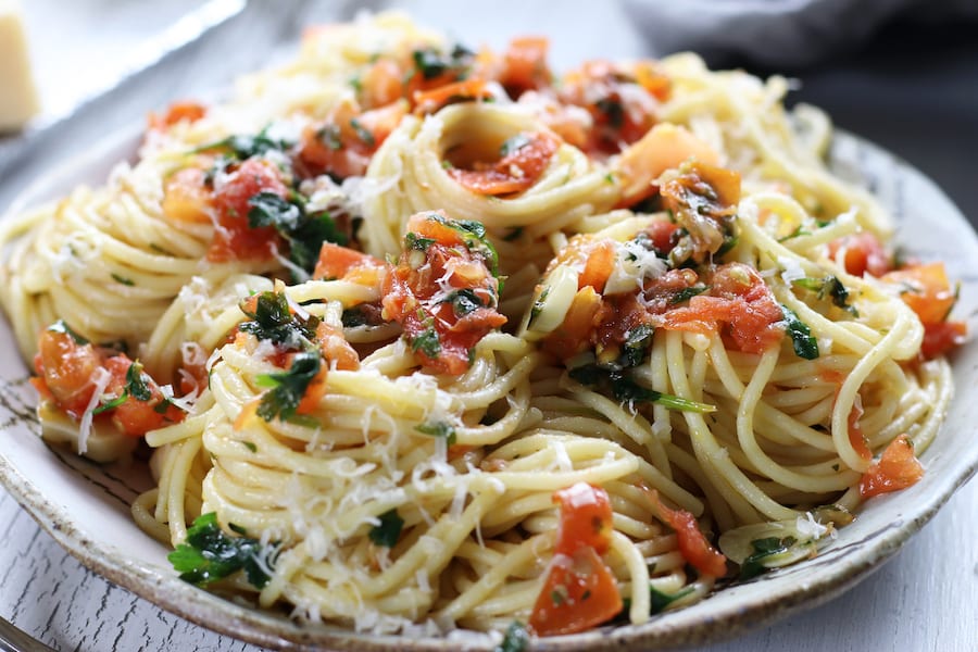 A plate full of prepared Easy Caper Pasta Recipe.