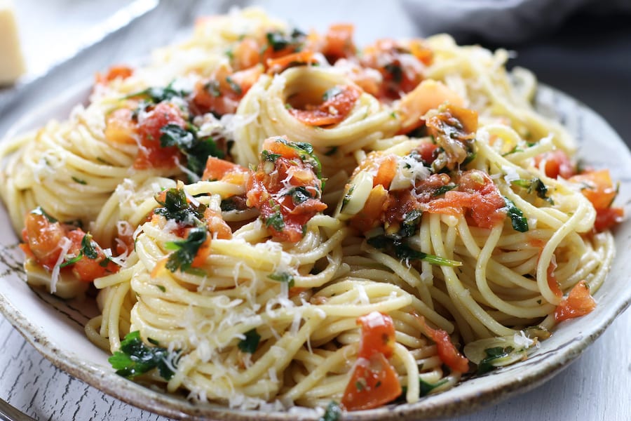 A plate full of prepared Easy Caper Pasta Recipe.