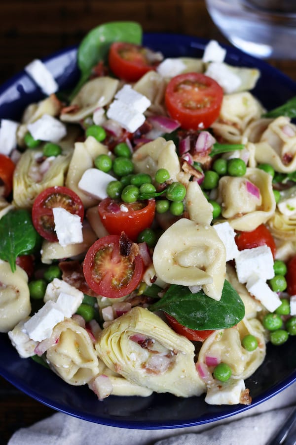 Overhead photo of a bowl of Italian Tortellini Salad.