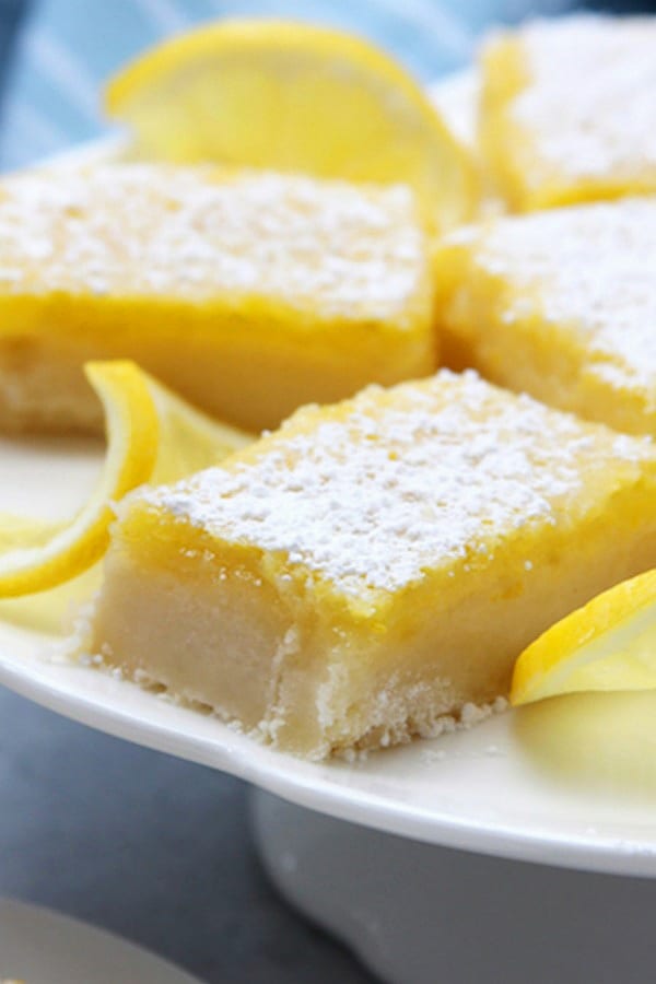 Luscious Lemon Bars on a plate with lemon slices.