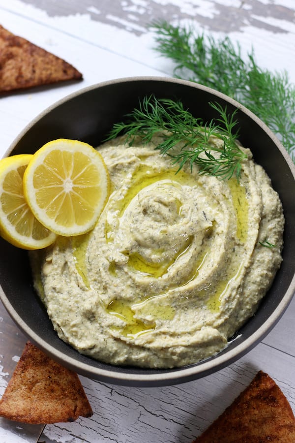 Mediterranean Lemon Hummus drizzled with extra virgin olive oil.