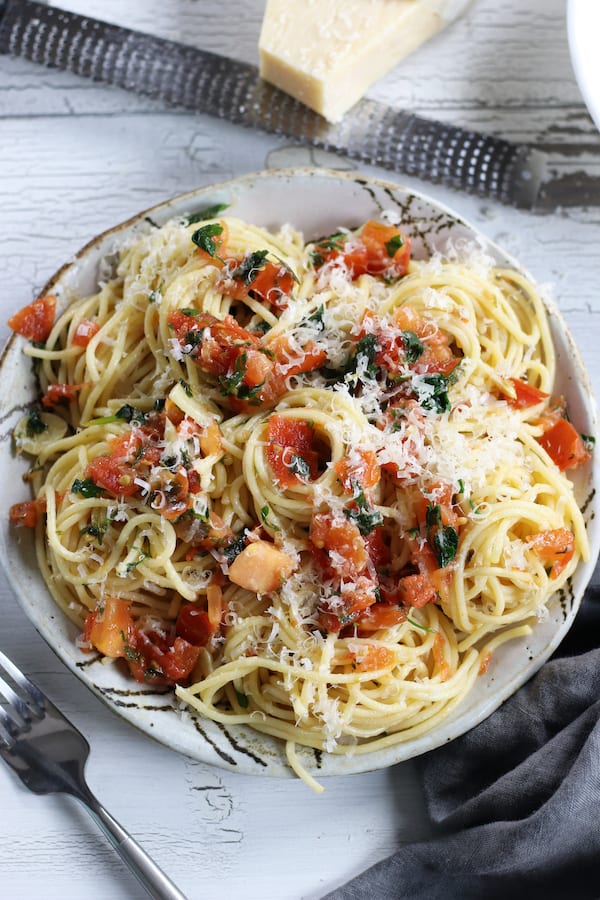 Overhead photo of Olive Oil & Caper Pasta Recipe.