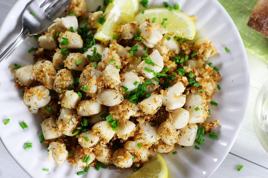 Overhead photo of Parmesan Panko Scallops on a white plate.