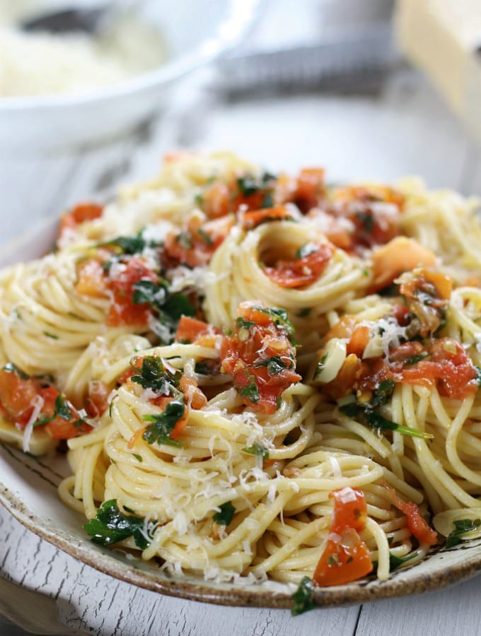 Tomato Caper Pasta on a serving plate.