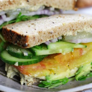 Up close photo of cut Vegan Sandwich.