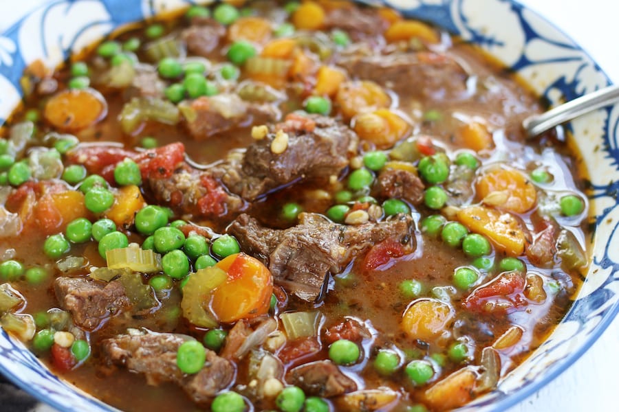 Beef and Barley Soup with peas and carrots.