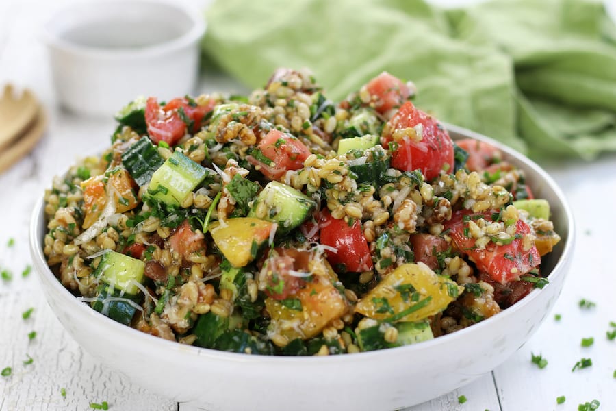 Large white bowl of Cold Barley Salad.