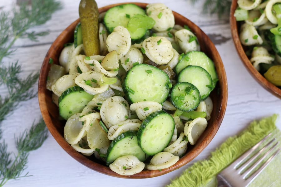 Overhead photo of Dill Pickle Dairy Free Pasta Salad.