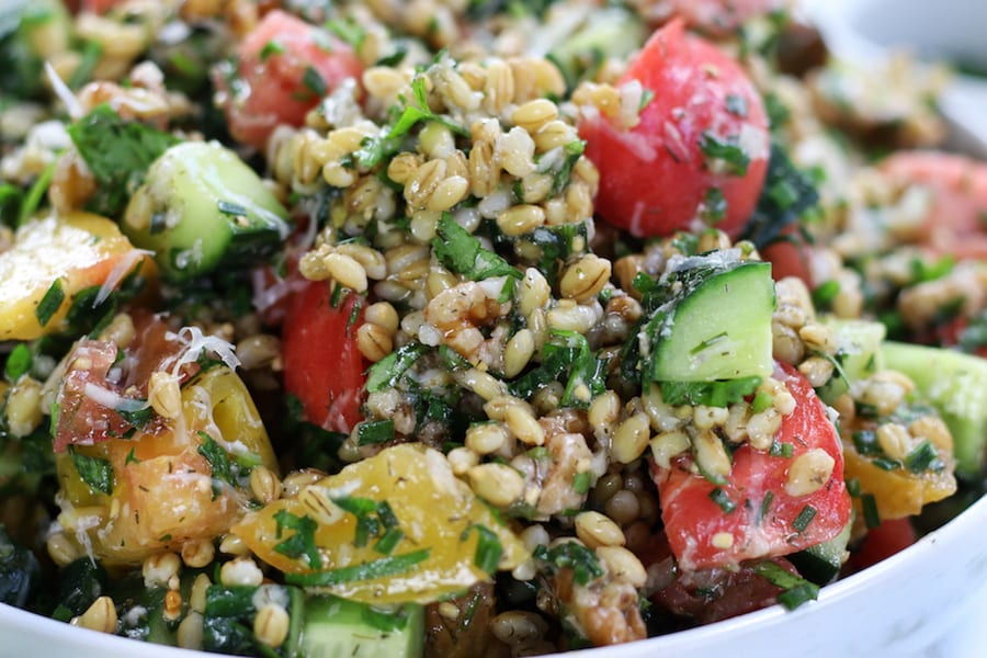 Up close photo of Grain Salad with herbed dressing.