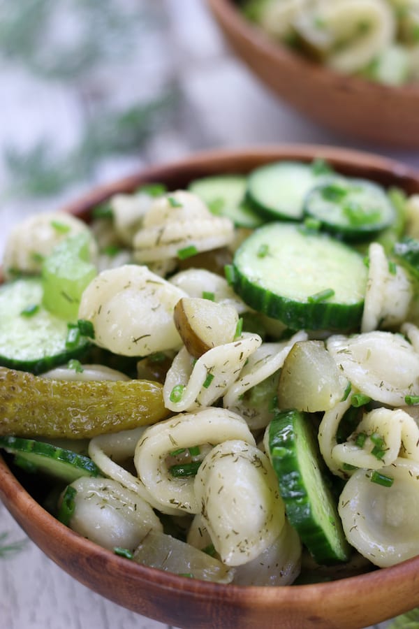 Up close photo of Pickle Pasta Salad.