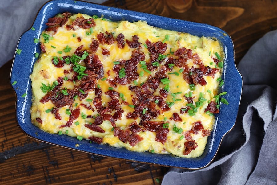 Potato Cheese Casserole with bacon and chives.