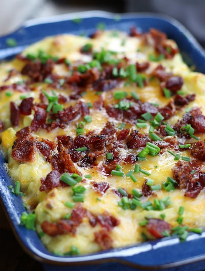 Twice Baked Mashed Potatoes with bacon, chives and cheese.