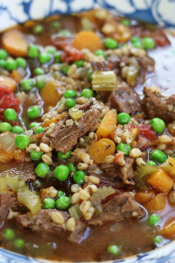 Up close picture of Vegetable Beef Soup with Barley.