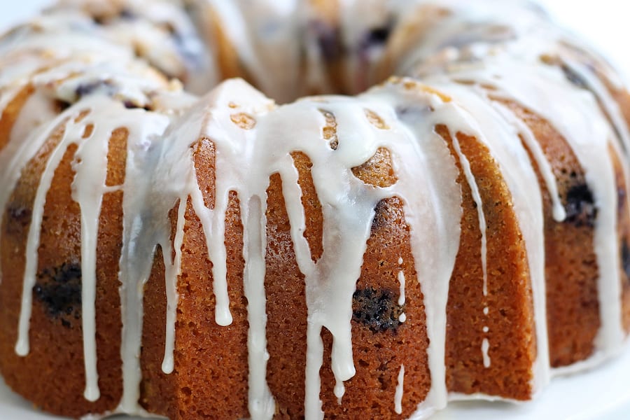 Up close photo of Lemon Blueberry Pound Cake with glaze.