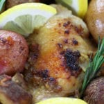 Up close photo of Chicken Potato Bake with mushrooms, lemon and rosemary.