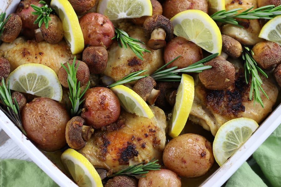 Overhead photo of Chicken and Potato Bake with Lemon and Rosemary.