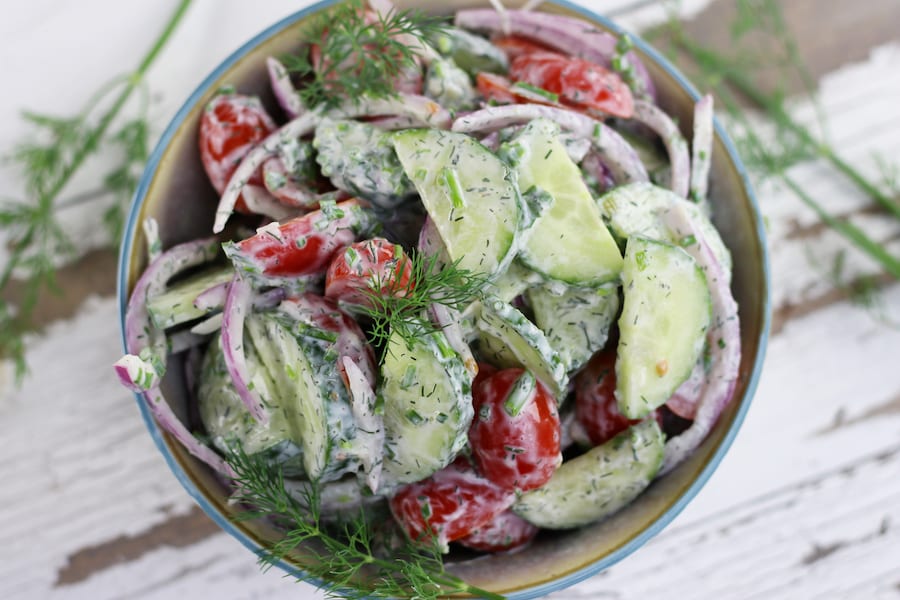 Overhead photo of Cucumber and Tomato Salad.