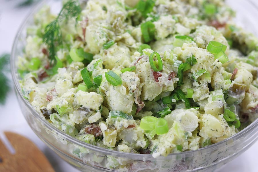 Overhead photo of a bowl of Healthy Potato Salad.