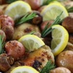 Lemon Rosemary Chicken and Potato Bake with fresh lemon slices and rosemary sprigs.