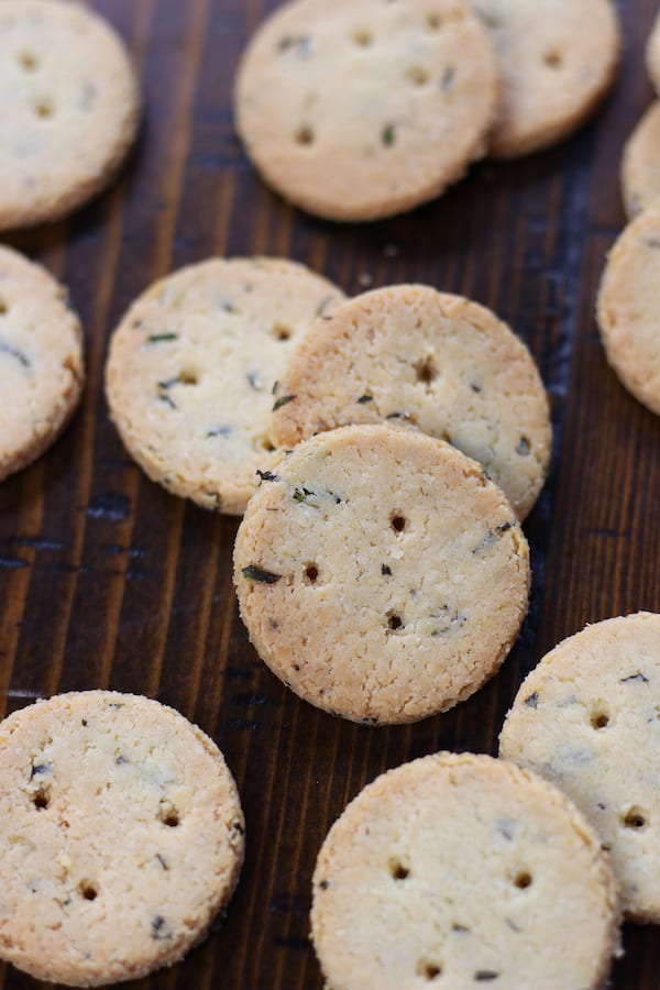 Several Low Carb Crackers on a brown table.