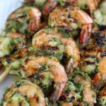 Marinated Grilled Shrimp on wooden skewers.