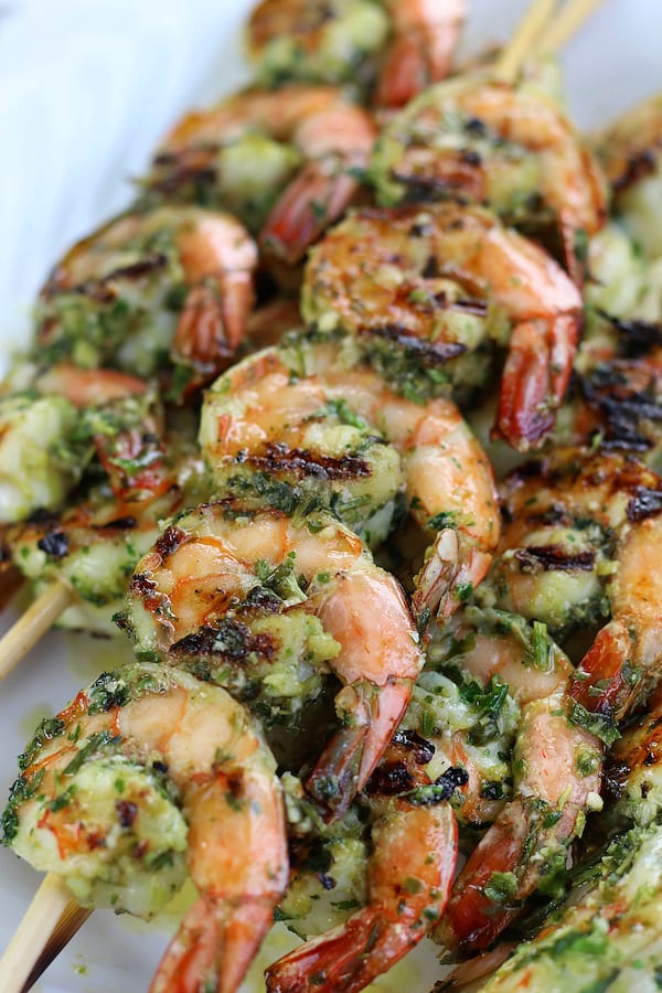 Marinated Grilled Shrimp on wooden skewers.