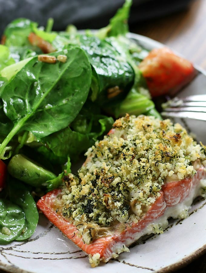 Single piece of Panko Crusted Salmon with Dill and Lemon.