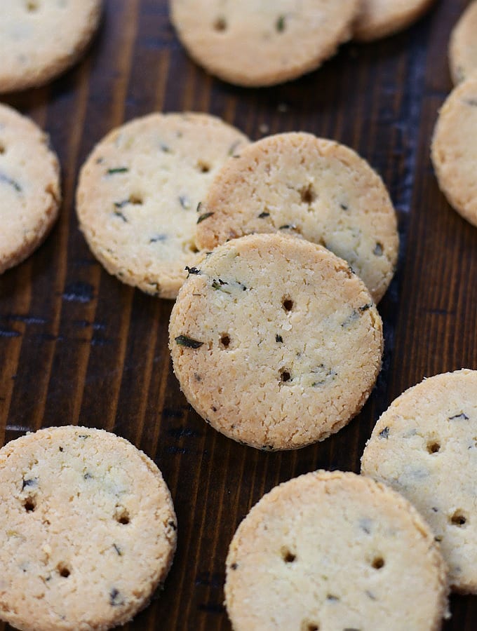 Rosemary Parmesan Low Carb Crackers with bits of fresh rosemary.