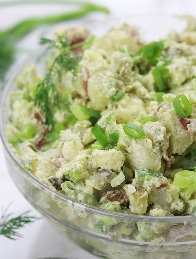 Skinny Red Potato Salad in a big clear glass bowl.