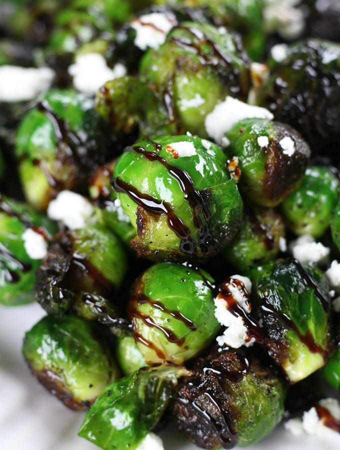 Up close photo of whole Balsamic Grilled Brussel Sprouts.