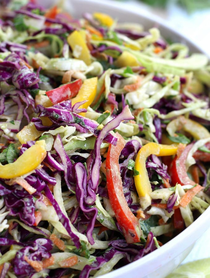 Up close photo of tossed Cilantro Lime Cabbage Salad.