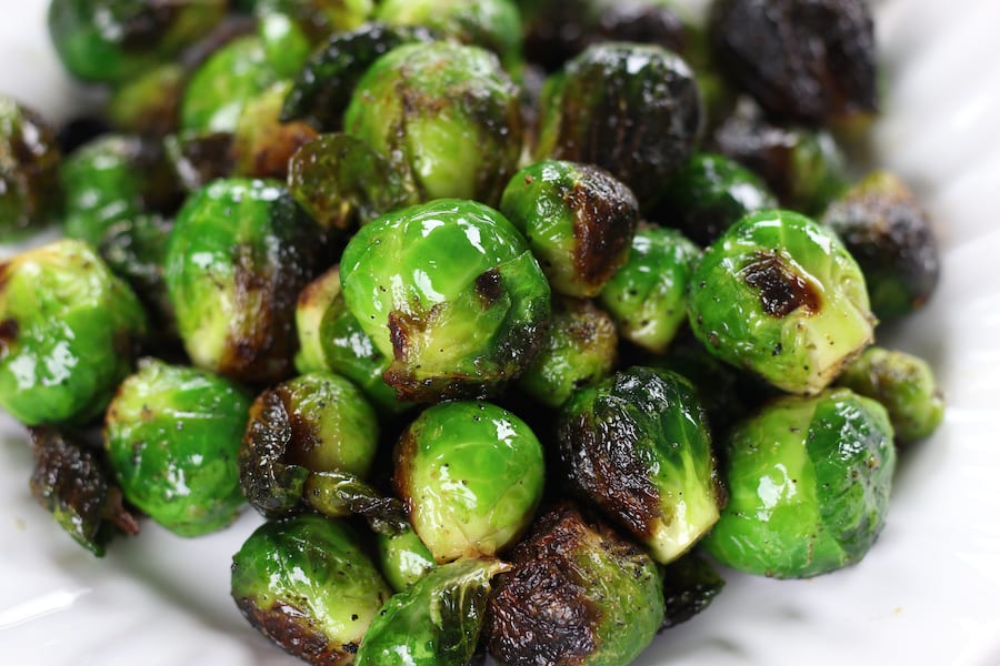 Overhead shot of Easy Grilled Brussel Sprouts recipe.