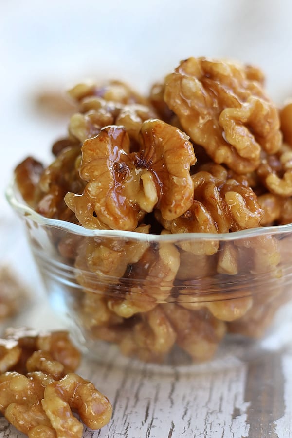 A serving of Honey Roasted Walnuts.