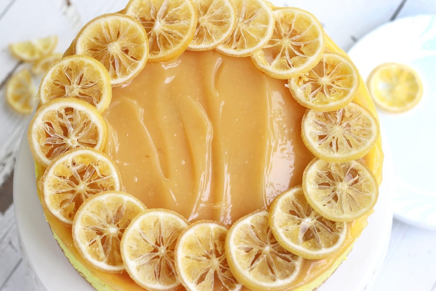 Overhead photo of a whole cheesecake from Lemon Cheesecake Recipe.