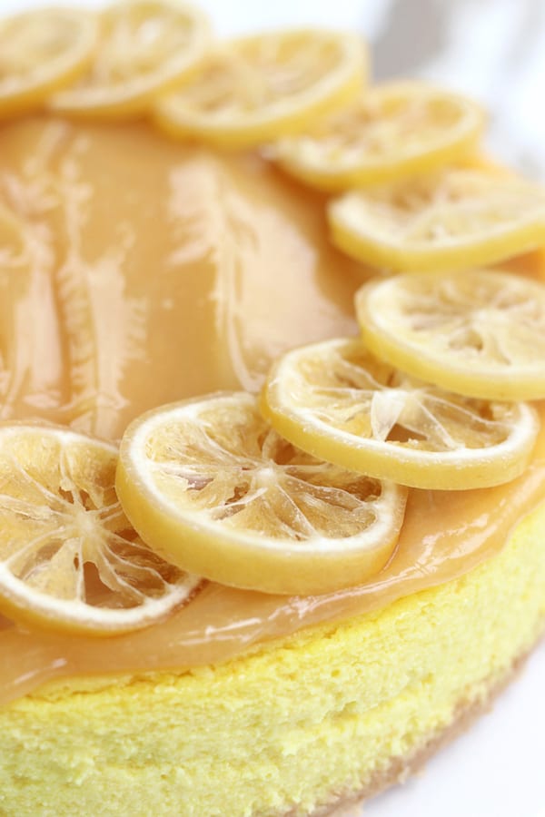 Whole Lemon Cheesecake with candied lemon slices.