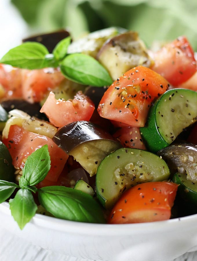 A big white bowl of Light & Easy Ratatouille.