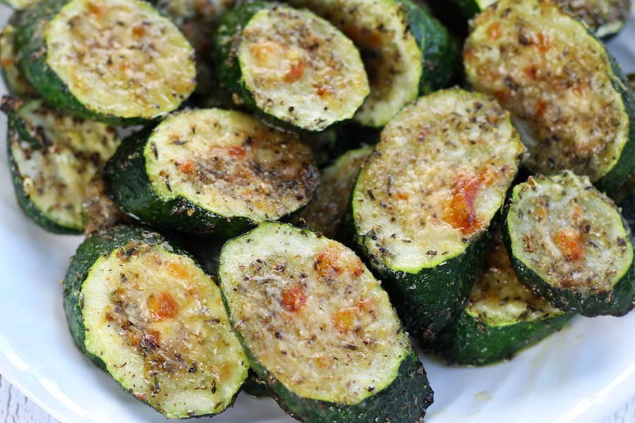 Overhead shot of Oven Roasted Zucchini slices.