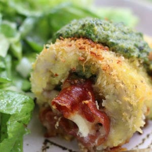 Pesto Chicken stuffed with prosciutto, mozzarella and pesto.