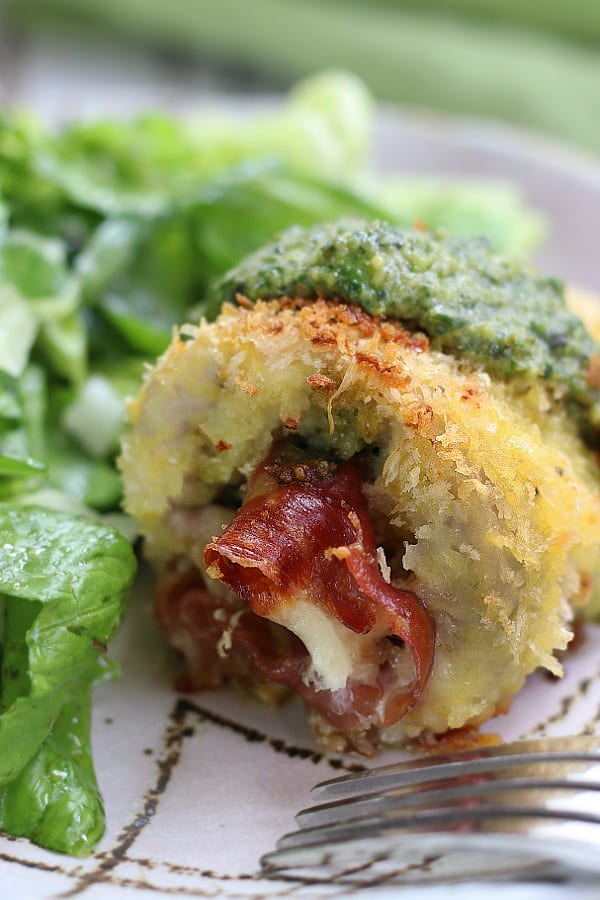 Pesto Chicken stuffed with prosciutto, mozzarella and pesto.